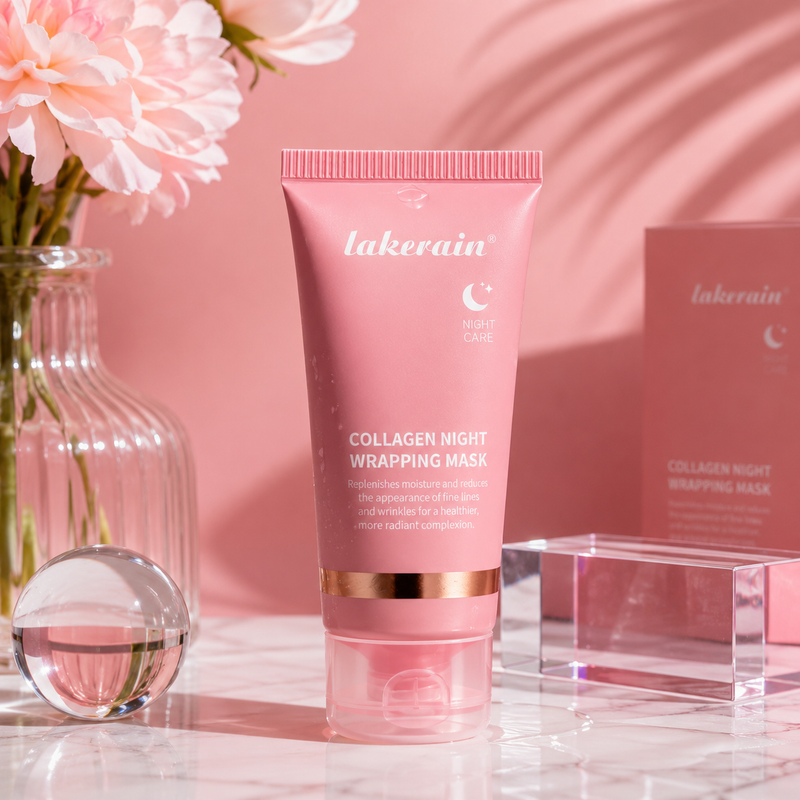 Mascarilla nocturna de colágeno Lakerain sobre mármol con flores